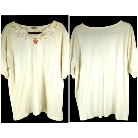 VINTAGE 90s Ecru Tee Embellished Lace Pearls Ribbon Roses XL Fairy Cottage Y2K - Picture 3 of 6